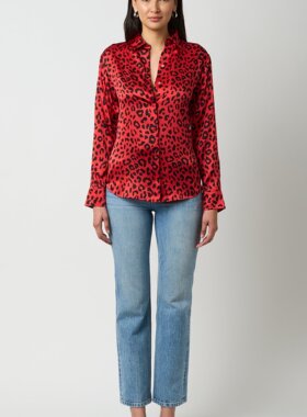 巴黎设计师EQ 女款 复古豹纹印花翻领长袖垂感衬衫