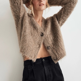 美系M 女款 复古拉绒磨毛短款针织开衫毛衣外套 三色