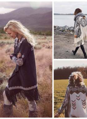 斯德哥尔摩0DD M*11Y北欧波西米亚风阿兹特克流苏开襟针织斗篷