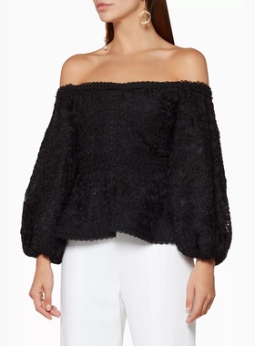 美系轻奢@lexis 女款 Jocelyn黑色一字肩刺绣长袖上衣