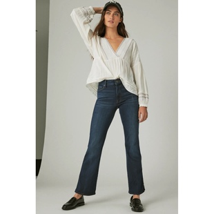 美系复古单宁LB 女款 uni深蓝色高腰做旧修身靴形牛仔裤