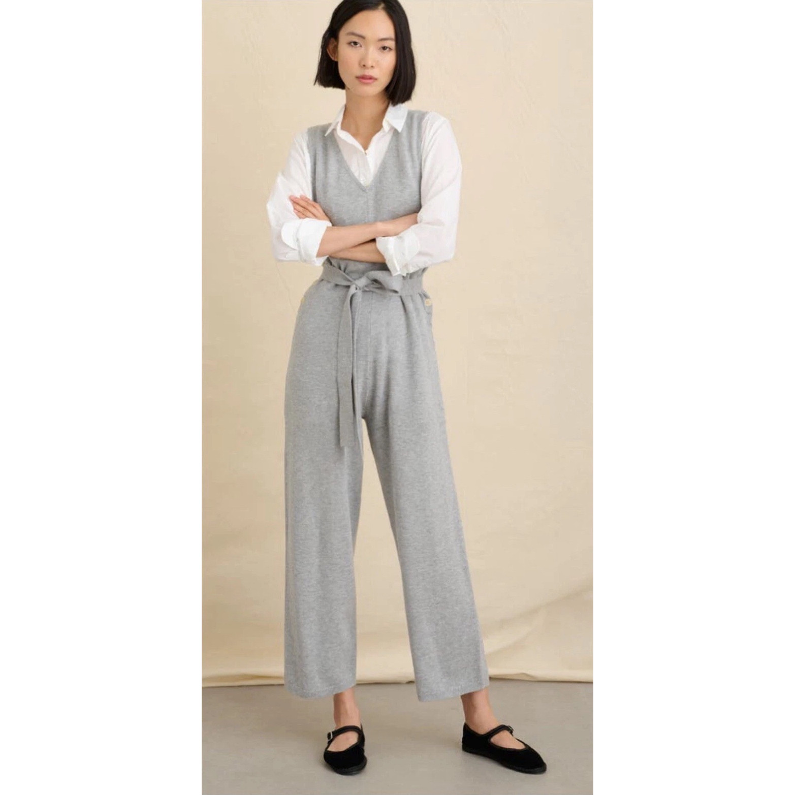 纽约AM系带V领侧纽扣无袖连体裤