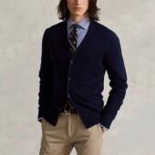 neck针织开衫 美系经典 羊毛混纺pony刺绣美式 休闲复古V 男款