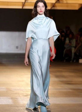 英国设计师sp Structured 蓝色高级缎面立领披肩长裙典雅礼服