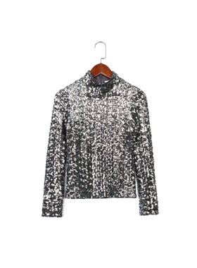 美系轻奢@lexis 女款 复古亮片半高领长袖上衣