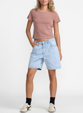 澳洲单 美系街头rvc@ 女款 蓝色 复古休闲棉质直筒牛仔裤短裤