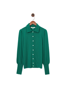 英伦b*den 女款 棉 复古深绿色翻领灯笼袖袖扣针织Polo衫