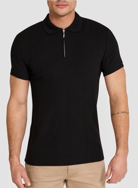 澳州男装C0NN0R 黑色 Dario罗纹半高拉链短袖Polo衫
