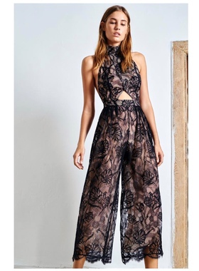 美系轻奢@lexis 女款 黑色挂脖露背蕾丝透视连体裤