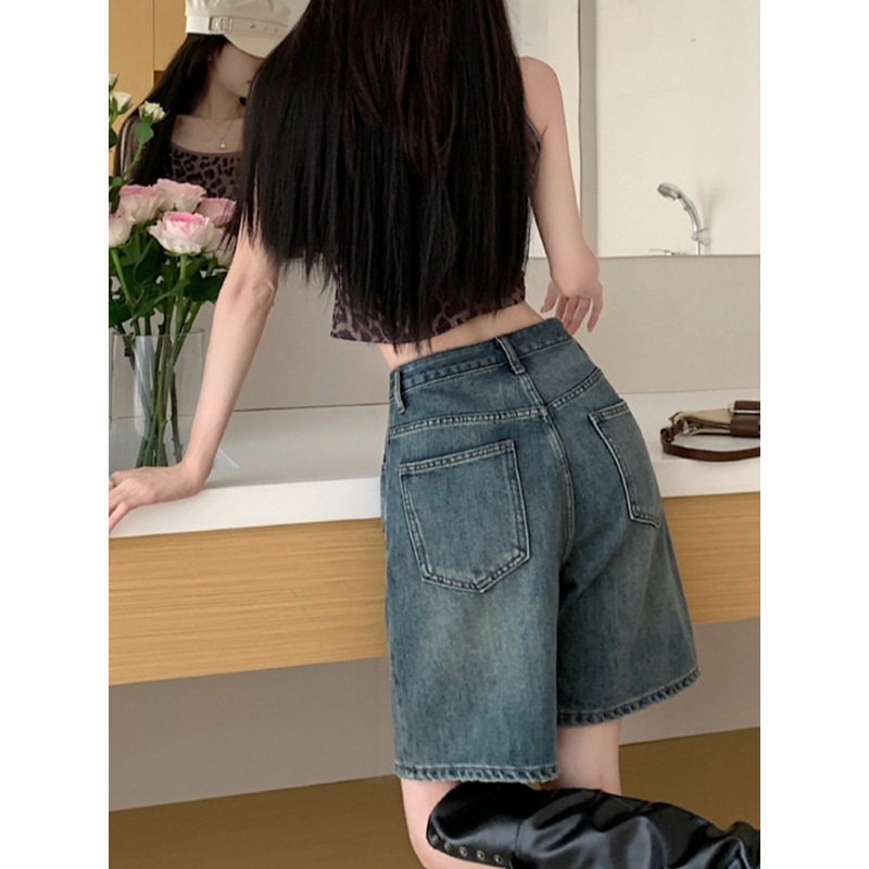 美式牛仔短裤女2025夏季薄款复古高腰宽松显瘦直筒阔腿五分中