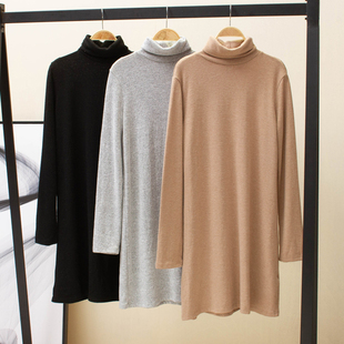 外贸薄款 宽松显瘦百搭纯色打底 高领针织连衣裙女2024秋套头偏大码
