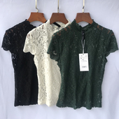 气质两件套花边套头打底衫 小立领直筒修身 女 半高领蕾丝衫 出口短袖