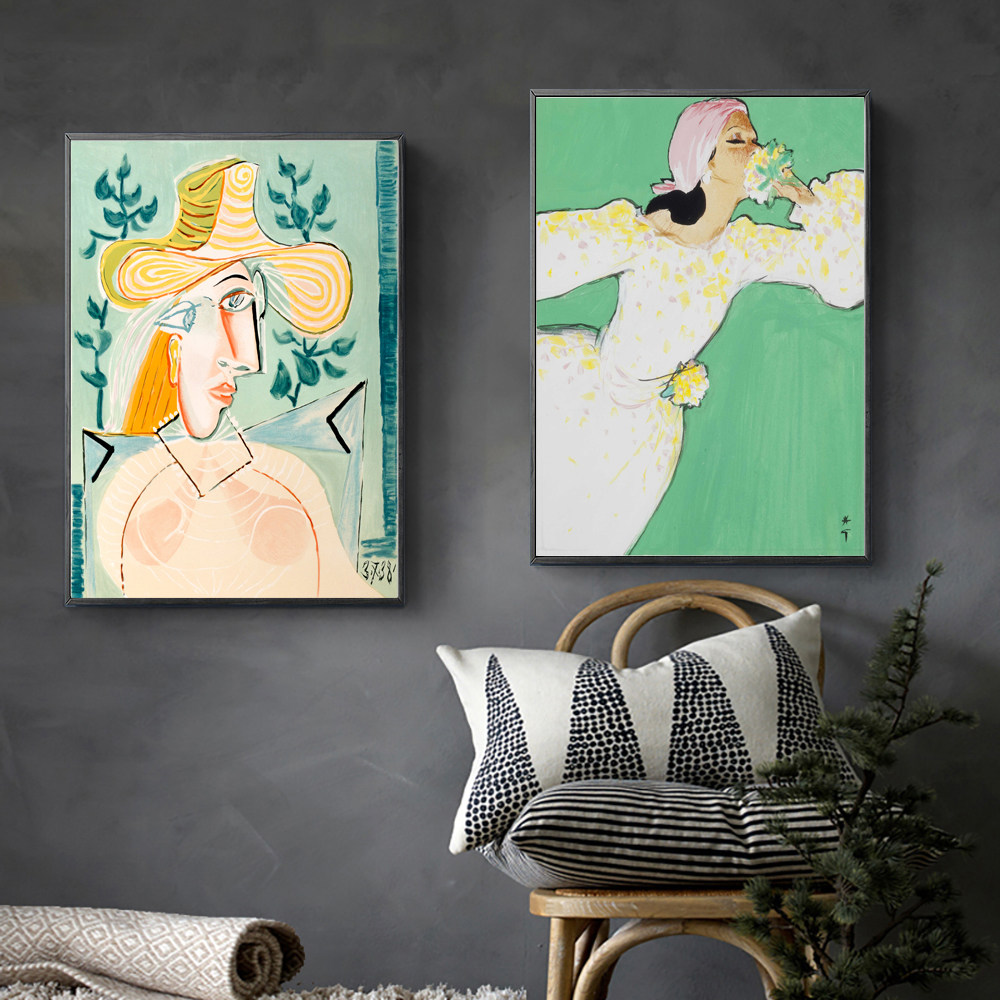 毕加索装饰画手执鲜花白领女士无框挂画小清新客餐厅软装少女挂画