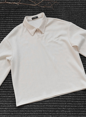 WESSK加绒柔软麦穗条格纹V字领cleanfit秋冬休闲长袖衬衫polo衫