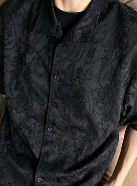 WESSK新中式衬衫腰果花纹理百搭可立领翻领黑色cleanfit休闲衬衣