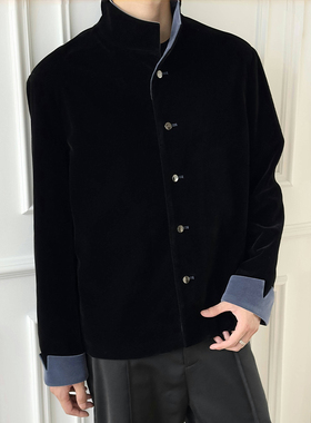 WESSK春秋新中式蓝丝绒拼色外套唐装对襟国风立领高级感中山装