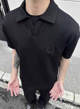 WESSK麦穗提花刺绣V领260g夏季cleanfit休闲百搭透气polo短袖衬衫