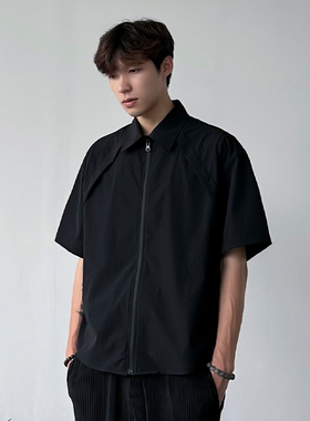 WESSK夏季cleanfit设计感黑色衬衫垂感ykk拉链短袖宽松休闲百搭