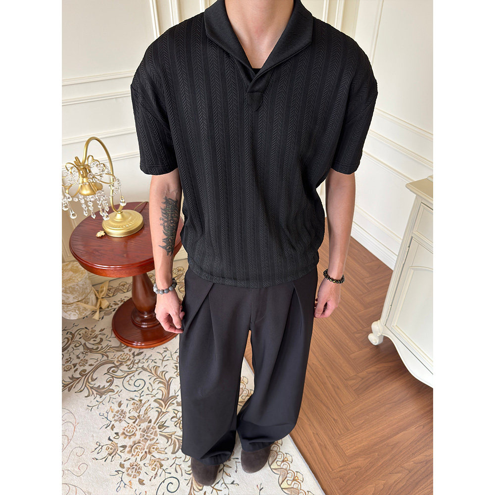 WESSK柔软麦穗条意式一片领夏季情侣透气百搭休闲短袖衬衫男女