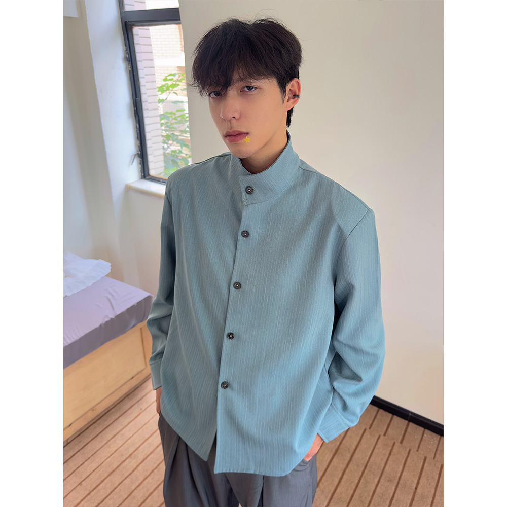 WESSK三色TR条格垫肩长袖衬衫可立领翻领秋季百搭新中式老钱男女