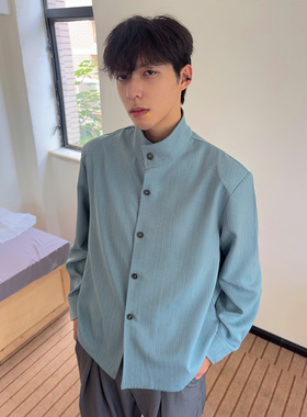 WESSK三色TR条格垫肩长袖衬衫可立领翻领秋季百搭新中式老钱男女