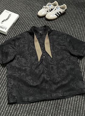 WESSK新中式国风腰果花可拆领巾暗纹肌理提花夏季休闲短袖衬衫