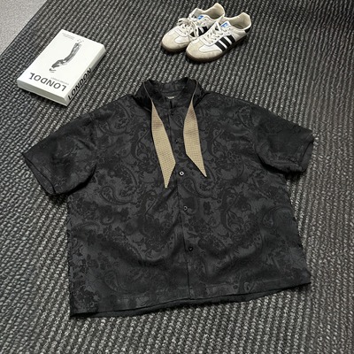 WESSK新中式腰果花领巾暗纹短衬