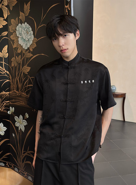 WESSK新中式暗纹翠竹刺绣“虚怀若谷”夏季百搭透气薄款短袖衬衫