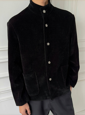 WESSK新中式春秋雪尼尔外套男雾灰绒立领金属扣国风加厚黑色夹克