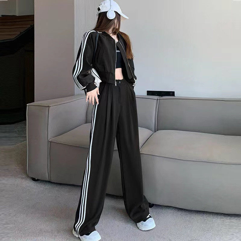 봄 가을 여성을 위한 패셔너블한 스트리트 캐주얼 스포츠 슈트 솔트 스타일의 웨어 슬림 숏 자켓 와이드 팬츠 투피스 세트