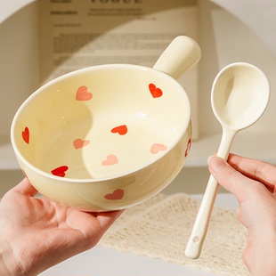 家用釉下彩手把碗面碗汤饭碗勺爱心手柄碗陶瓷餐具 手柄碗 勺