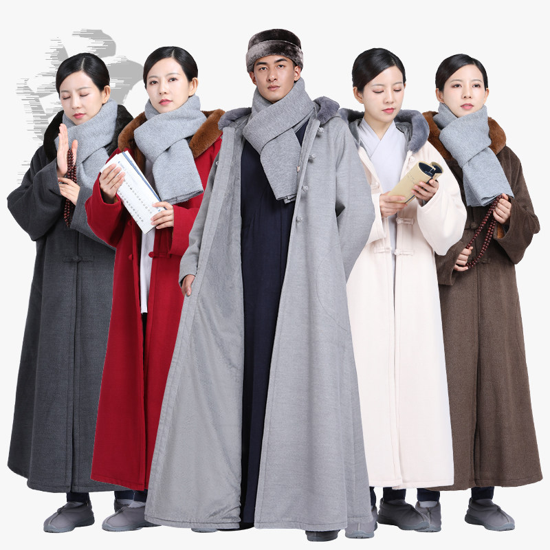 单丽尚远冬季毛领加绒风衣双层毛绒有袖披风僧服打坐披风居士大衣
