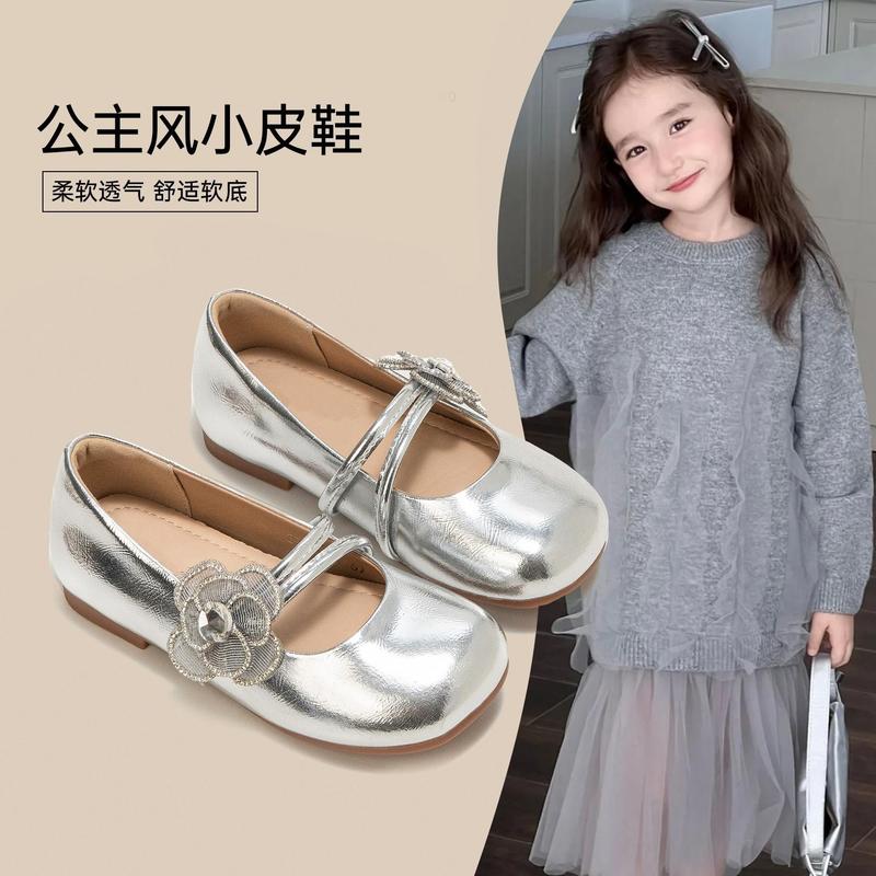 Ne t GJLG 女童皮鞋2025新款春秋款公主鞋女孩软底银色玛丽珍单鞋
