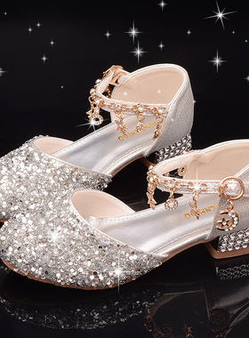 英国Netx sara儿童高跟鞋2024新款女童水晶公主鞋小学生粗跟凉鞋