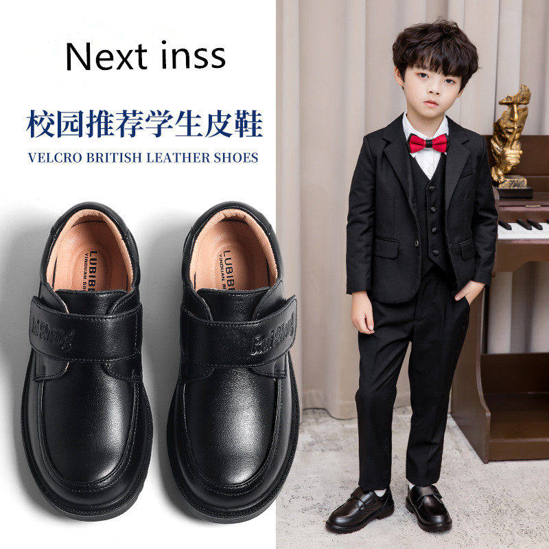 Next inss男童鞋子2026春秋新款皮鞋真皮软底演出黑色英伦儿童鞋