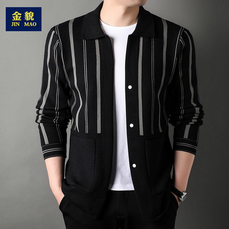 2024新款外套男款春秋季高档针织衫翻领开衫中年休闲宽松条纹上衣