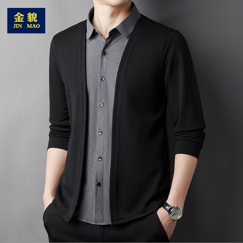 2024新款外套男款春秋季针织衫衬衫领假两件开衫休闲宽松上衣服潮