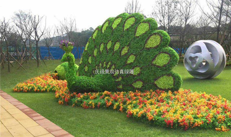 仿真孔雀緑雕草皮动物造型玻璃钢材质定做 广场公园创意摆件雕塑