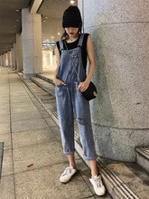网红夏秋季 直筒显瘦小个子破洞 薄款 女韩版 牛仔背带裤 宽松2019新款