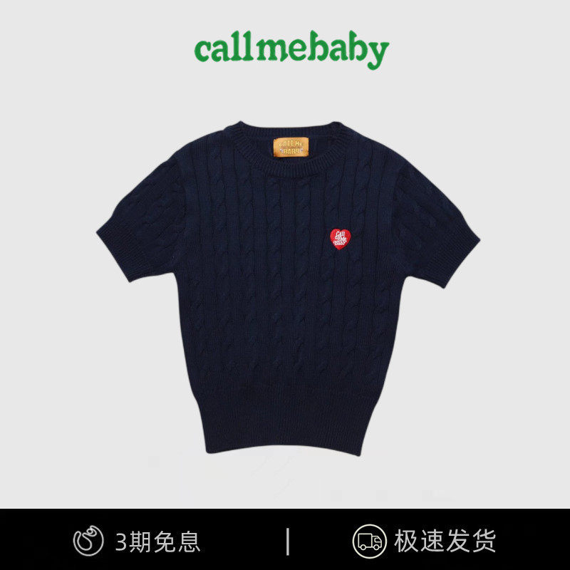 【现货】callmebaby韩国小众爱心刺绣螺纹麻花纯棉针织衫短袖上衣