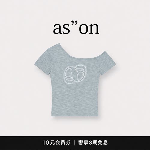 【现货】韩国ason金玟庭同款夏季字母印花斜肩露肩短袖T恤女通勤