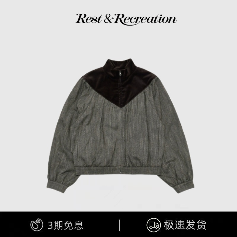 【现货】韩国小众amomento休闲宽松高领拼色双向拉链抽褶短外套女