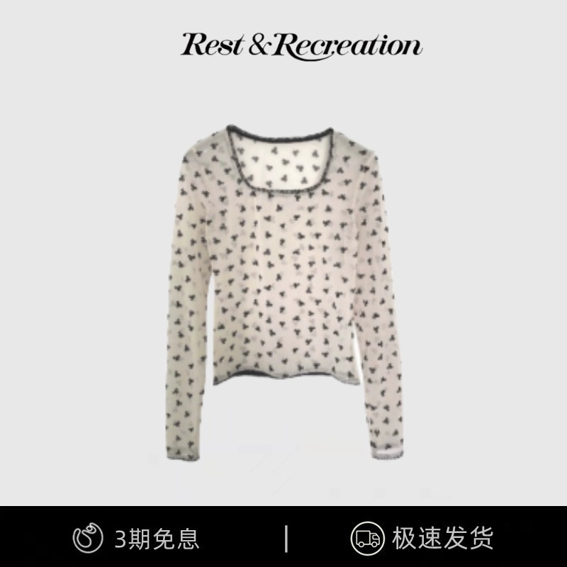 【现货】韩国小众9hope蝴蝶结满印网纱透视叠穿长袖打底衫T恤