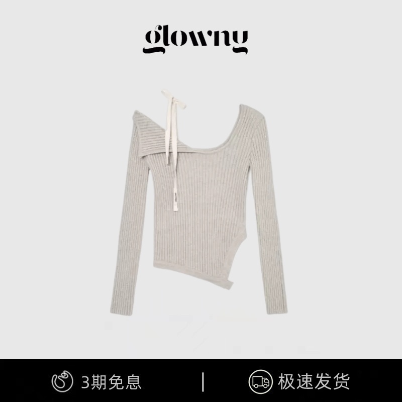 【现货】韩国glowny 赵美延同款一字领露肩不规则系带针织衫内搭