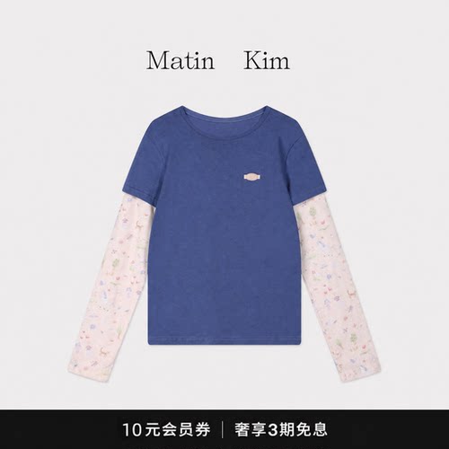 【现货】徐梦洁同款韩国设计袖子拼接印花圆领长袖T恤假两件上衣