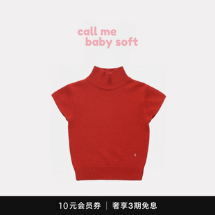 ●callmebabysoft韩系女八奶同款半高领红色打底短袖修身针织上衣