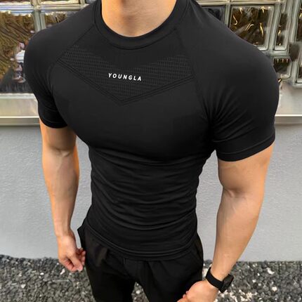 YOUNGGLA美式健身短袖男紧身衣高弹速干修肌肉训练T恤运动跑步服