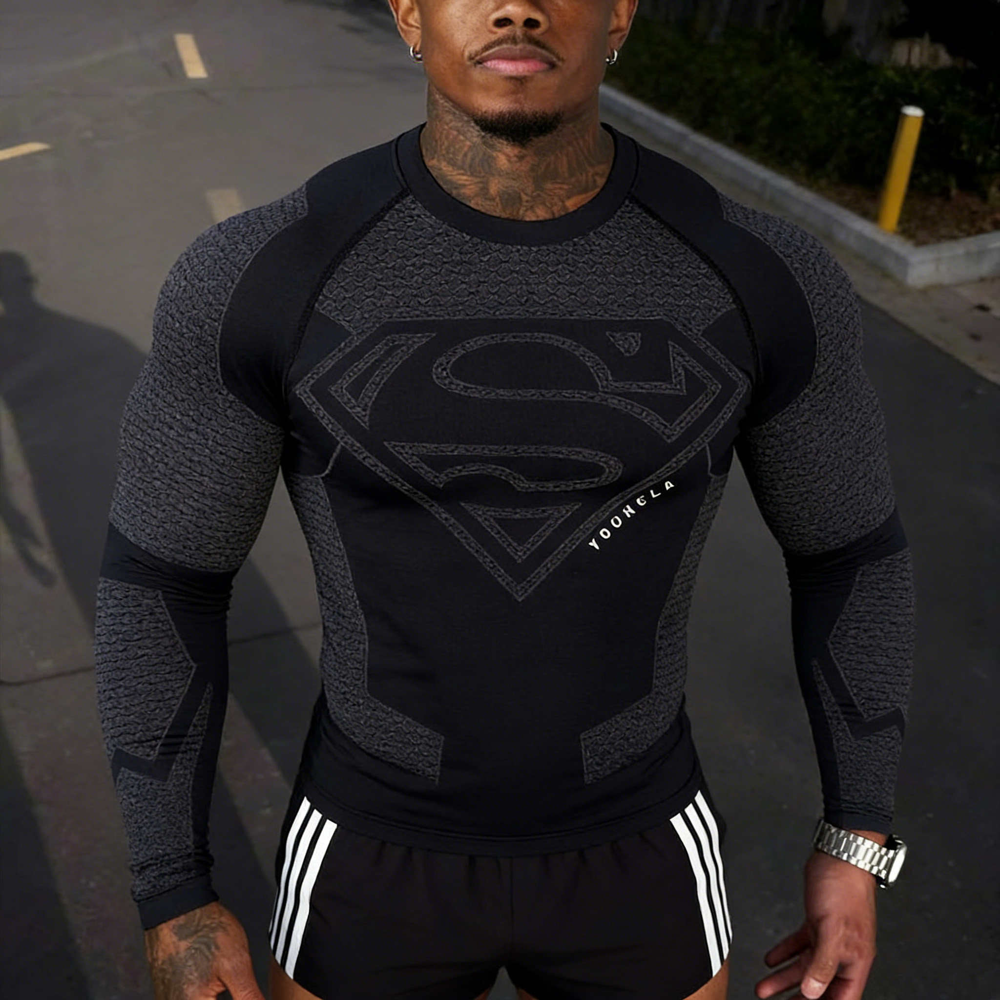 YOUNGLA 美式运动长袖男健身衣速干透气高弹大块显肌肉超人紧身衣