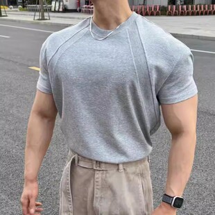 液氨太空棉健身短袖 男显型t恤 拼接抗皱弹力运动休闲春夏季 BOXY版