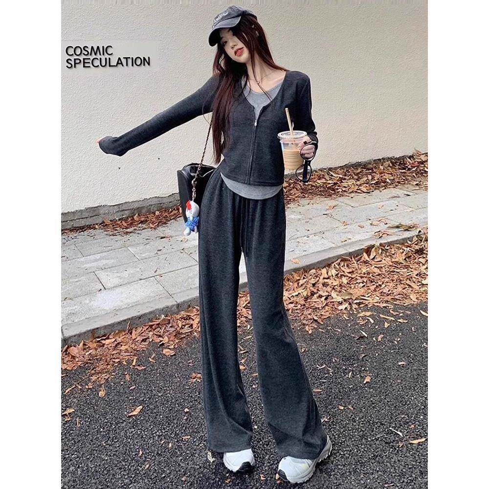 欧洲站2025春秋季新款休闲运动套装拼接洋气上衣直筒裤两件套装女